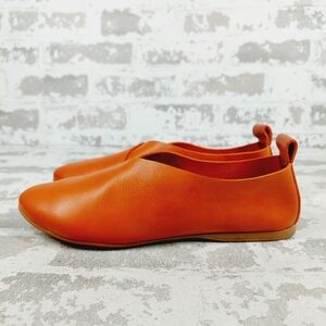 Sandal @ Orange Leather Slip On Round Toe Flats H1037